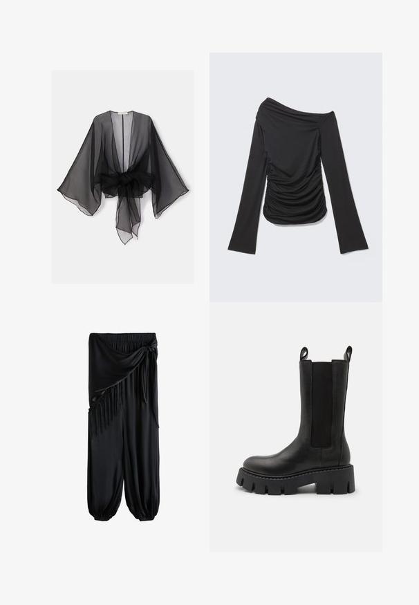 Zwarte doorschijnende kimono met wijde mouwen en een tailleband die gestrikt kan worden. De stof is lichtgewicht en heeft een vloeiende, transparante textuur.; Zwarte top met lange mouwen, asymmetrische off-shoulder halslijn en geplooide details aan de zijkanten en voorkant.; Zwarte broek met wijde pijpen, elastische taille, gestrikte sjerp en franjerand aan één zijde, bij de enkels samengebonden.; Zwarte leren enkellaars met elastische zijkanten, trekflappen, een stevige, profielzool en versterkte stiksels. Het oppervlak heeft een gladde textuur.