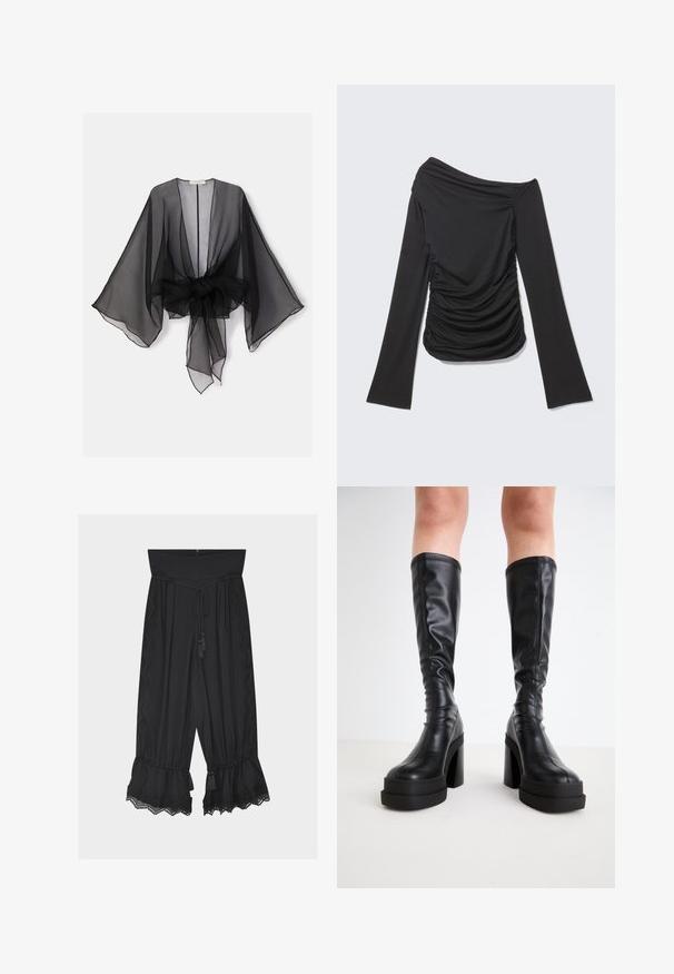Kimono noir transparent avec manches larges et détail de taille nouée. Le tissu est léger, avec une texture fluide et translucide.; Haut noir à manches longues avec un décolleté asymétrique épaule dénudée et des fronces sur les côtés et à l'avant.; Pantalon noir à jambes larges avec taille haute, ceinture à cordon avec pompons, bordure en dentelle sur les côtés et ourlets volantés avec détails en dentelle.; Bottes noires hautes en cuir lisse, avec une épaisse semelle plateforme et un talon carré, ornées de surpiqûres le long des bords.