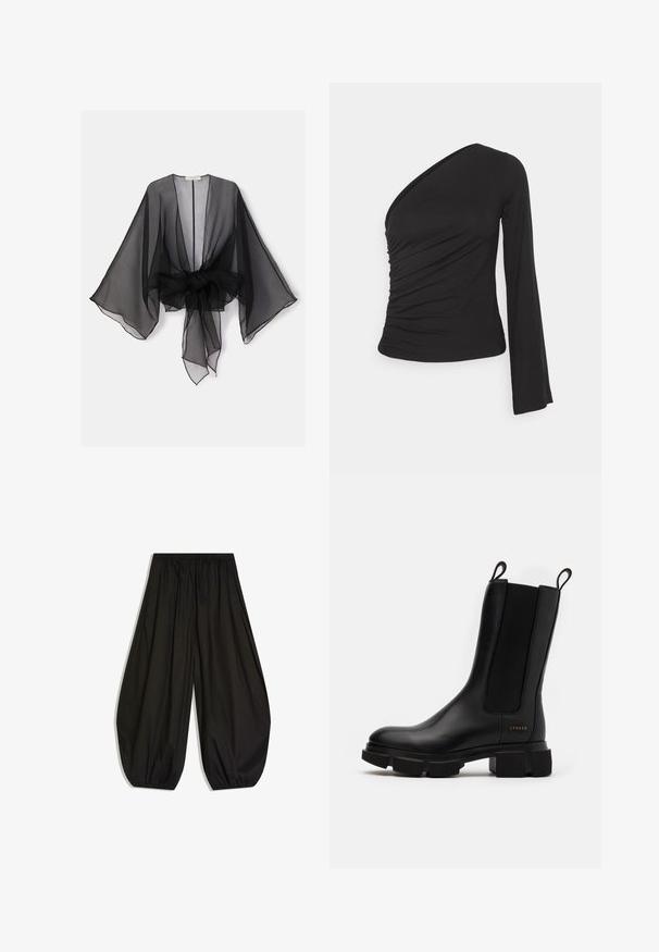 Kimono noir transparent avec manches larges et détail de taille nouée. Le tissu est léger, avec une texture fluide et translucide.; Haut asymétrique à manches longues en noir, avec un côté froncé pour une texture et une silhouette ajustée. Fabriqué en matériau doux et extensible.; Pantalon noir ample avec taille élastiquée froncée et bas élastiqués, créant une silhouette ballon.; Bottine en cuir noir à panneaux élastiques sur les côtés, semelle en caoutchouc épaisse et tirants. Présente un logo subtilement embossé sur le côté.