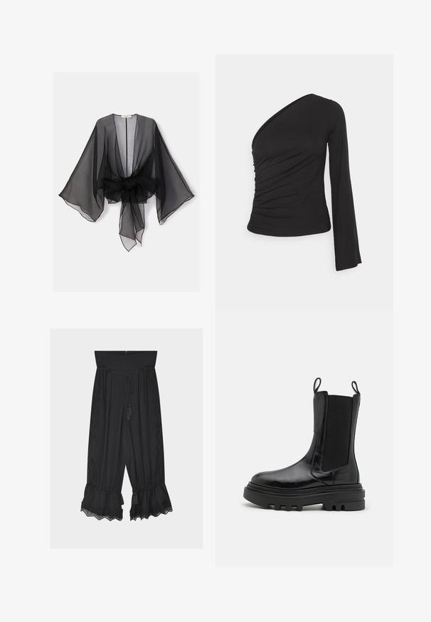 Kimono noir transparent avec manches larges et détail de taille nouée. Le tissu est léger, avec une texture fluide et translucide.; Haut asymétrique à manches longues en noir, avec un côté froncé pour une texture et une silhouette ajustée. Fabriqué en matériau doux et extensible.; Pantalon noir à jambes larges avec taille haute, ceinture à cordon avec pompons, bordure en dentelle sur les côtés et ourlets volantés avec détails en dentelle.; Bottines noires à la finition cuir brillante, avec des panneaux latéraux élastiques, des languettes de tirage et une semelle en caoutchouc épaisse et texturée. Design massif, silhouette épurée.