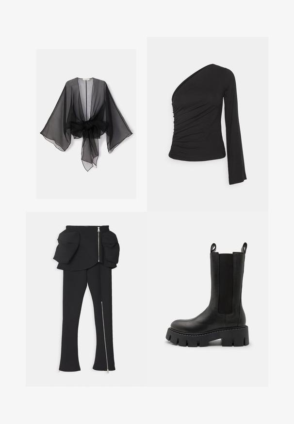 Kimono noir transparent avec manches larges et détail de taille nouée. Le tissu est léger, avec une texture fluide et translucide.; Haut asymétrique à manches longues en noir, avec un côté froncé pour une texture et une silhouette ajustée. Fabriqué en matériau doux et extensible.; A.W.A.K.E. MODE BASQUE PANTS WITH ZIPS AND LARGE POCKETS - Pantalon classique - black; Bottines en cuir noir avec panneaux élastiques sur les côtés, languettes de tirage, semelle crantée épaisse et détails de couture renforcée. La surface a une texture lisse.