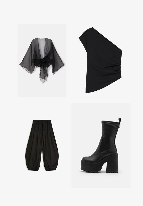 Sort gennemsigtig kimono med brede ærmer og et bindedetalje ved taljen. Stoffet er let og har en flydende, gennemsigtig tekstur.; Sort top med én skulder lavet af strækbart stof, med en detaljeret ruched side og en asymmetrisk kant. Glat tekstur med let fald.; Løse sorte bukser med indsamlet elastisk talje og elastiske manchetter, der skaber en ballon-silhuet.; Buffalo KILLAH SOCK BOOT - Plateaustøvler - black