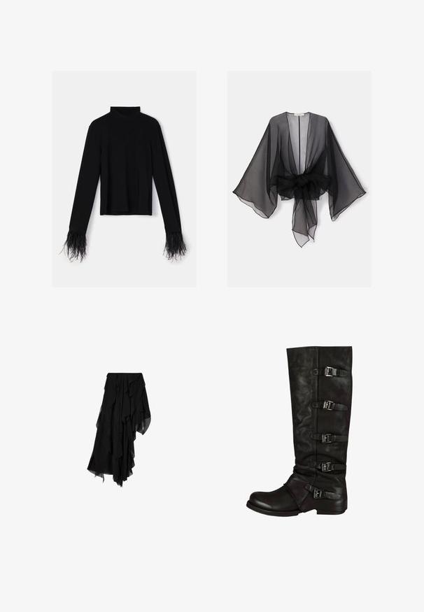 Sort gennemsigtig kimono med brede ærmer og et bindedetalje ved taljen. Stoffet er let og har en flydende, gennemsigtig tekstur.; Sort langærmet top med høj hals; har tekstureret fjerkant ved ærmekanterne; lavet af blødt, elastisk stof.; Sort asymmetrisk nederdel med lagdelt, flydende chiffonstof, der skaber en flæset, ujævn kant.; Sorte læder knæhøje støvler med struktureret overflade, tætsiddende design og fem justerbare spænder langs siden. Flad sål.