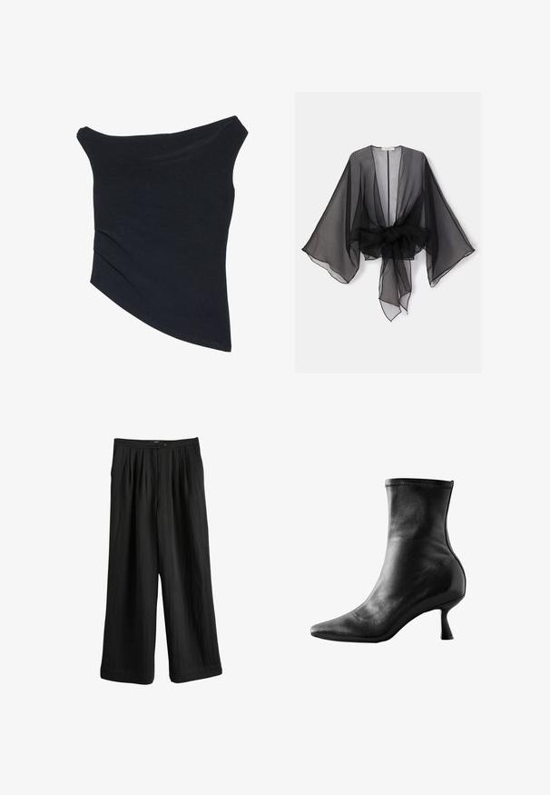 Kimono negro transparente con mangas anchas y detalle de cintura atada. La tela es ligera, con una textura fluida y translúcida.; Top negro, con tirantes caídos, de diseño ajustado, con un dobladillo asimétrico y una textura suave y lisa. Presenta tela fruncida en el escote.; Pantalones negros de pierna ancha confeccionados con tejido ligero, con un delantero plisado, cierre de botón y textura suave.; Botín de cuero negro hasta el tobillo con punta afilada, diseño ajustado y tacón bajo y acampanado, que presenta una textura suave y detalles de costura mínimos.