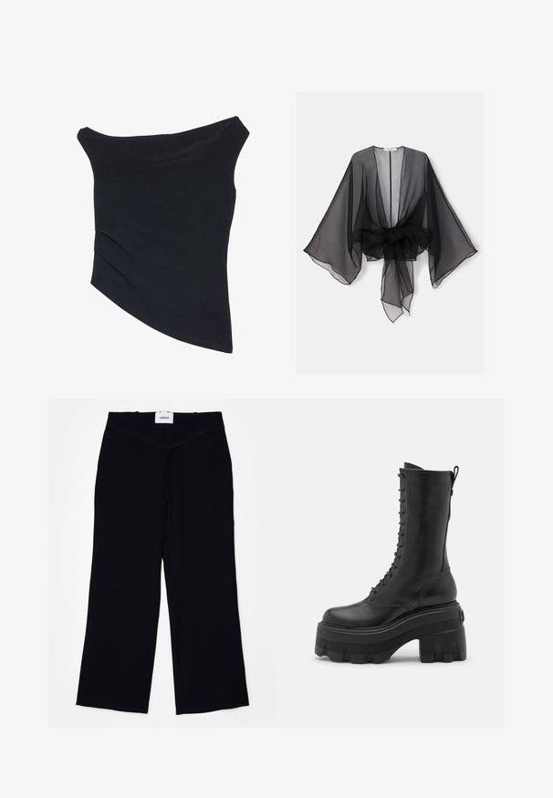 Kimono negro transparente con mangas anchas y detalle de cintura atada. La tela es ligera, con una textura fluida y translúcida.; Top negro, con tirantes caídos, de diseño ajustado, con un dobladillo asimétrico y una textura suave y lisa. Presenta tela fruncida en el escote.; Pantalones de pierna ancha negros, confeccionados con una tela suave. Presentan una cinturilla plana con pasadores para cinturón y un acabado limpio en los dobladillos.; Botín de cuero negro con cordones y suela de plataforma alta, que presenta una punta redonda, cremallera lateral y suela texturizada para mayor agarre.