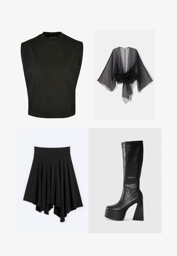Sort gennemsigtig kimono med brede ærmer og et bindedetalje ved taljen. Stoffet er let og har en flydende, gennemsigtig tekstur.; Sort ærmeløs top lavet af bomuld med høj halsudskæring, der har struktur i skuldrene og en løs pasform, ren kant og uden synlige mønstre.; Sort asymmetrisk nederdel med bred talje og flydende spids kant, vist fladt mod en lys baggrund.; Sorte læder knæhøje støvler med en chunky platform og geometrisk høj hæl. Glat tekstur med syede detaljer ved den øverste kant.