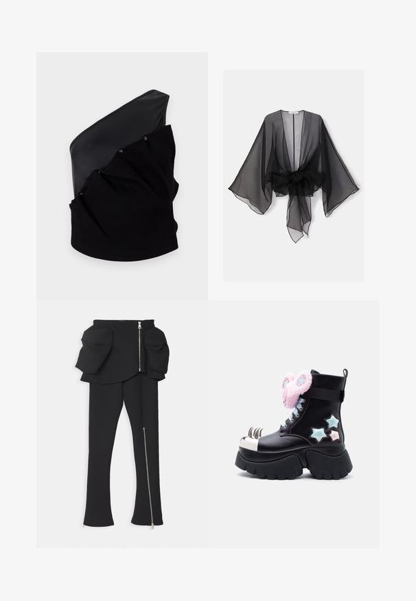 Kimono noir transparent avec manches larges et détail de taille nouée. Le tissu est léger, avec une texture fluide et translucide.; Haut asymétrique noir avec un panneau en cuir lisse et un tissu tricoté texturé, doté de détails froncés et de boutons-pression.; A.W.A.K.E. MODE BASQUE PANTS WITH ZIPS AND LARGE POCKETS - Pantalon classique - black; Botte plateforme noire avec embout en forme de griffe argentée, clips d'oreilles roses en peluche ornés d'étoiles bleues, et patches étoiles bleues et roses sur le côté.
