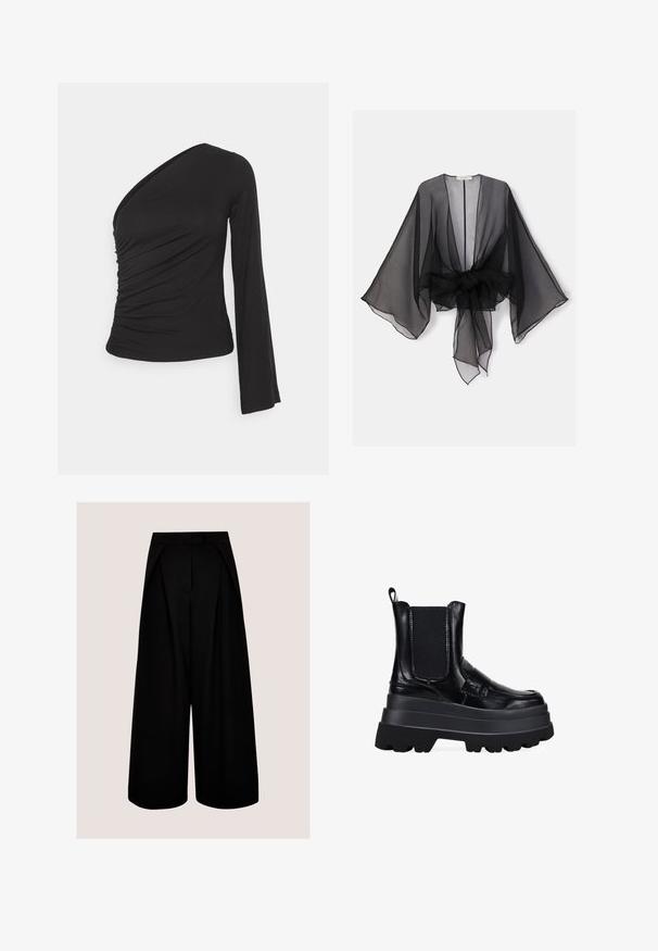 Kimono negro transparente con mangas anchas y detalle de cintura atada. La tela es ligera, con una textura fluida y translúcida.; Top asimétrico de manga larga en negro, con un lado fruncido para dar textura y un silueta ajustada. Hecho de material suave y elástico.; Pantalones negros de pierna ancha y talle alto con pliegues y cierre frontal oculto sobre un fondo liso y claro.; Botas de tobillo de cuero negro con paneles laterales elásticos, suela de plataforma gruesa y detalles texturizados. Parte superior brillante con un diseño de banda robusta y pronunciada.