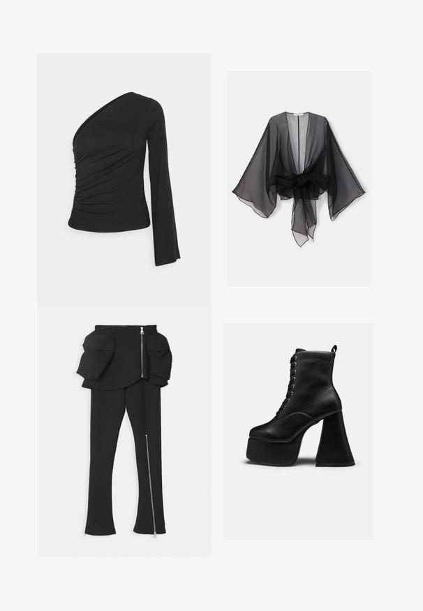 Kimono noir transparent avec manches larges et détail de taille nouée. Le tissu est léger, avec une texture fluide et translucide.; Haut asymétrique à manches longues en noir, avec un côté froncé pour une texture et une silhouette ajustée. Fabriqué en matériau doux et extensible.; A.W.A.K.E. MODE BASQUE PANTS WITH ZIPS AND LARGE POCKETS - Pantalon classique - black; Bottine à plateforme noire avec laçage à l'avant et large talon bloc, texture cuir lisse et languette à l'arrière.