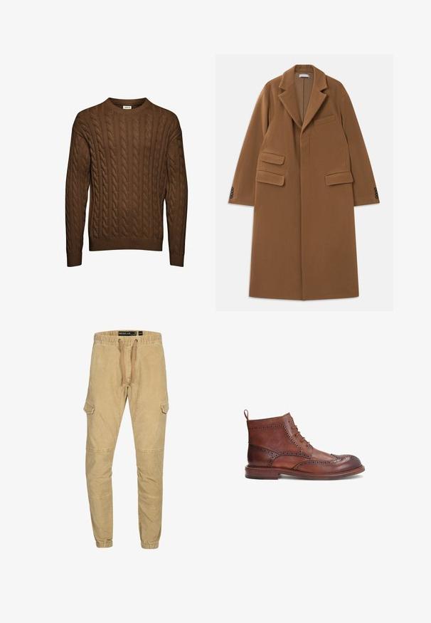 Lang kamelbrun uldfrakke med brede revers, tre klaftlommer, fire mørke knapper ved manchetterne og skjult frontlukning.; Brun kabelstrikket sweater med lange ærmer, ribbet manchetter og kant, samt rund halsudskæring, vist mod hvid baggrund.; Khaki cargo bukser med elastisk taljebånd, snøre, sidelommer og indsnørede manchetter. Holdbart stof med en blød struktur og stikninger.; Brune læderstøvle med dekorative brogue-detaljer, rund tå, snøredesign og lav stak heel. Inkluderer en bageste pull-tab.