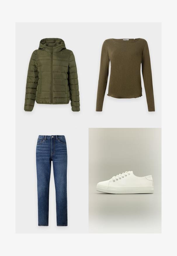 TOM TAILOR DENIM LIGHTWEIGHT PUFFER JACKET - Vinterjakker - grape leaf green; Oliven grøn langærmet skjorte med rund halsudskæring, blød tekstur, lige bund og subtile sidesøm detaljer. Letvægtsstof.; Højtaljede blå denimjeans med lige ben, der har subtil slidmærkning, enkelt knaplukning og fem-lomme design.; Hvid lavtop sneaker med hvide snørebånd og gummisål vist fra siden på en neutral baggrund.