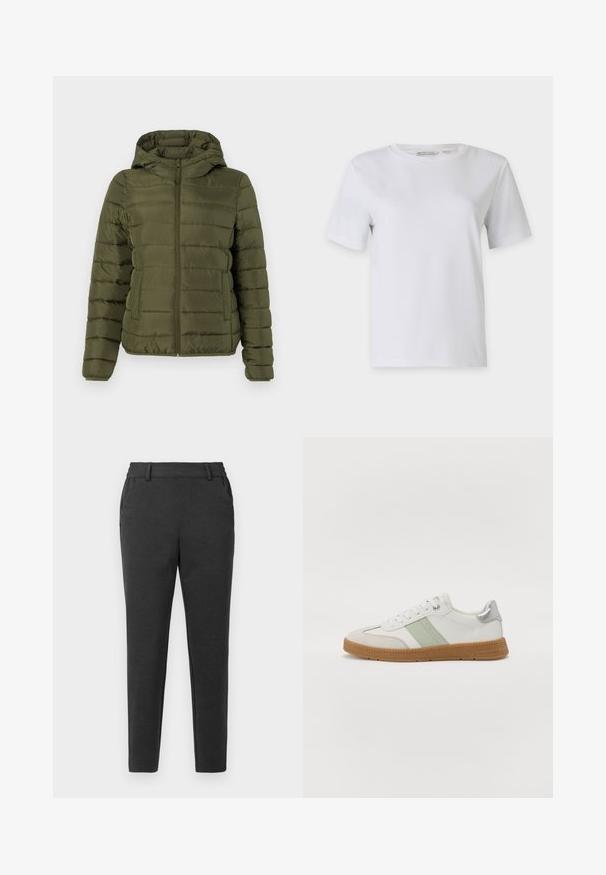 TOM TAILOR DENIM LIGHTWEIGHT PUFFER JACKET - Vinterjakker - grape leaf green; Hvid kortærmet t-shirt lavet af glat bomuld. Har en rund hals og lige kant, uden mønstre eller udsmykninger.; Mørkegrå slim-fit bukser med bæltestropper, sidelommer og en tapered ben-design på en ensfarvet lys baggrund.; TOM TAILOR Sneakers - white/mint