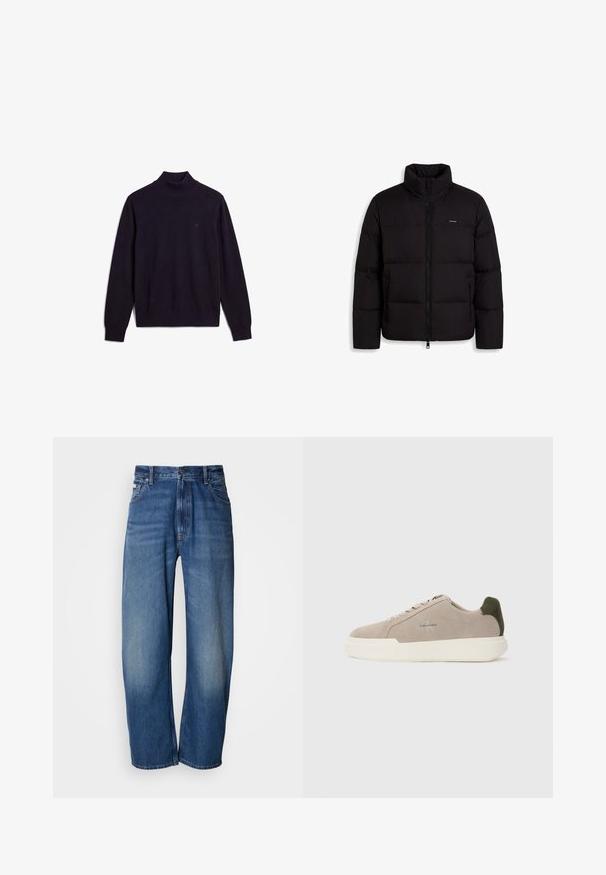 Sort dunjakke med høj krave, lynlås foran, to sidelommer med lynlås og lille Calvin Klein-logo på brystet.; Sort langærmet rullekravesweater med ribstrikket krave, manchetter og nederkant, der viser et lille broderet logo på øvre venstre bryst.; Denimjeans med vide ben i en mellemblå vask. Har lynlås, fem lommer og let falmning for et slidt look. Klassiske syningdetaljer.; Beige ruskinds sneakers med en hvid gummisål, der har en mørkegrøn hælaccent og subtil branding på siden.