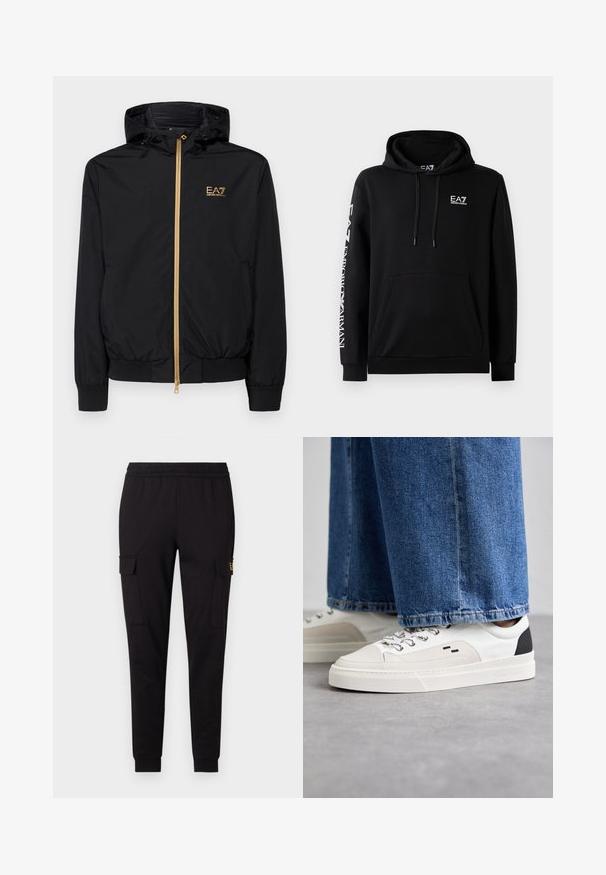 Veste à capuche noire en matériau léger avec une fermeture éclair dorée et un accent de logo. Présente des poignets élastiques et une taille ajustée.; Sweatshirt à capuche noir en mélange de coton. Doté d'une poche avant, d'une capuche avec cordon de serrage et de l'emblème EA7 en blanc sur la poitrine et la manche.; Pantalons de jogging noirs en tissu doux, présentant une coupe fuselée et deux poches cargo latérales avec un logo discret sur une poche.; Baskets blanches et noires avec une tige en cuir lisse, des accents texturés et une semelle épaisse blanche. Présentent un design classique à lacets.