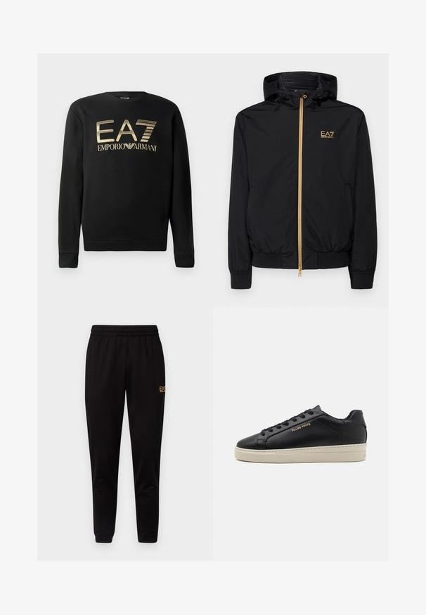 Chaqueta negra con capucha hecha de material ligero, con un cierre dorado y un acento de logo. Cuenta con puños elásticos y una cintura ajustada.; Sudadera negra con cuello redondo, que presenta el logo dorado de EA7 Emporio Armani en el pecho. Tejido suave con puños y dobladillo acanalados.; Pantalones de chándal negros con cintura elástica, puños ajustados y un pequeño logo amarillo en la parte superior de la pierna izquierda. Textura de tela suave y lisa.; Zapatilla de cuero negra con un acabado suave, suela crema en contraste, puntera redonda, logo dorado en el lateral y seis ojales para los cordones.