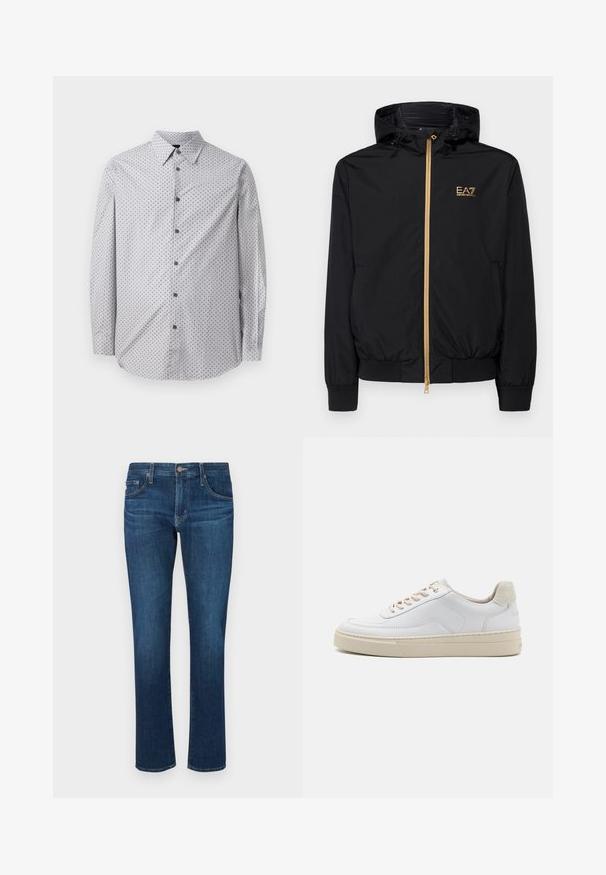 Chaqueta negra con capucha hecha de material ligero, con un cierre dorado y un acento de logo. Cuenta con puños elásticos y una cintura ajustada.; Camisa de manga larga con botones, en gris claro con pequeño patrón geométrico negro, cuello estándar y botones negros en la parte delantera.; Jean oscuro de mezclilla con un diseño de pierna recta, estilo clásico de cinco bolsillos y cierre de botón en la cintura. Textura suave.; Zapatilla blanca con parte superior de cuero suave, cordones beige y un tirador de talón de ante beige texturizado. Suela elevada para mayor altura.