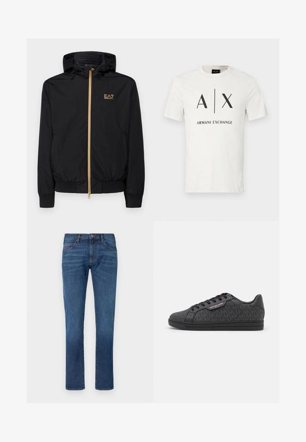 Sort hættetrøje lavet af letvægtsmateriale med en guldlås og logo-detalje. Har elastiske manchetter og en tætsiddende talje.; Hvid kortærmet bomuld T-shirt med sort "A|X" logo og "Armani Exchange" tekst centreret på forsiden.; Blå denimjeans med lige ben, der har et klassisk design med fem lommer og knaplukning. Diskret falming over stofteksturområdet.; Sorte sneakers med en tekstureret stofoverdel med et subtilt MK-mønster, sorte læderdetaljer og en sort gummisål.