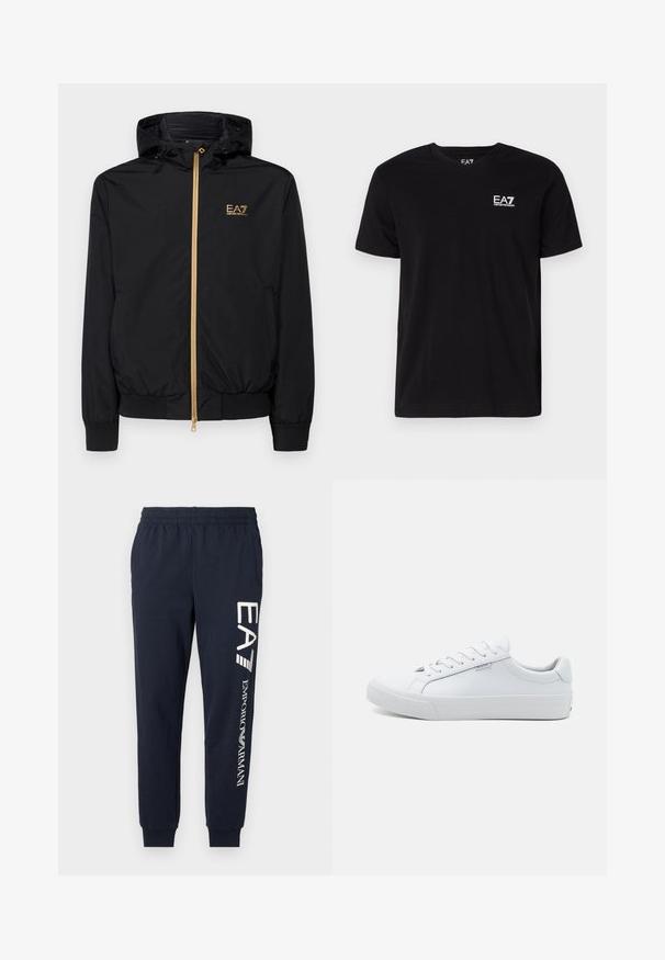 Sort hættetrøje lavet af letvægtsmateriale med en guldlås og logo-detalje. Har elastiske manchetter og en tætsiddende talje.; Sort bomulds T-shirt med v-hals og korte ærmer. Har et hvidt EA7-logo på venstre bryst. Glat tekstur, standard pasform.; Mørkeblå bomuldsjoggers med elastisk talje, indsnørede ben og kontrasterende hvide EA7- og Emporio Armani-logoer trykt langs siden.; Hvide lædersneakers med en glat overflade, lavt design, rund tå og flad gummisål. Udstyret med flade snørebånd og minimal branding.