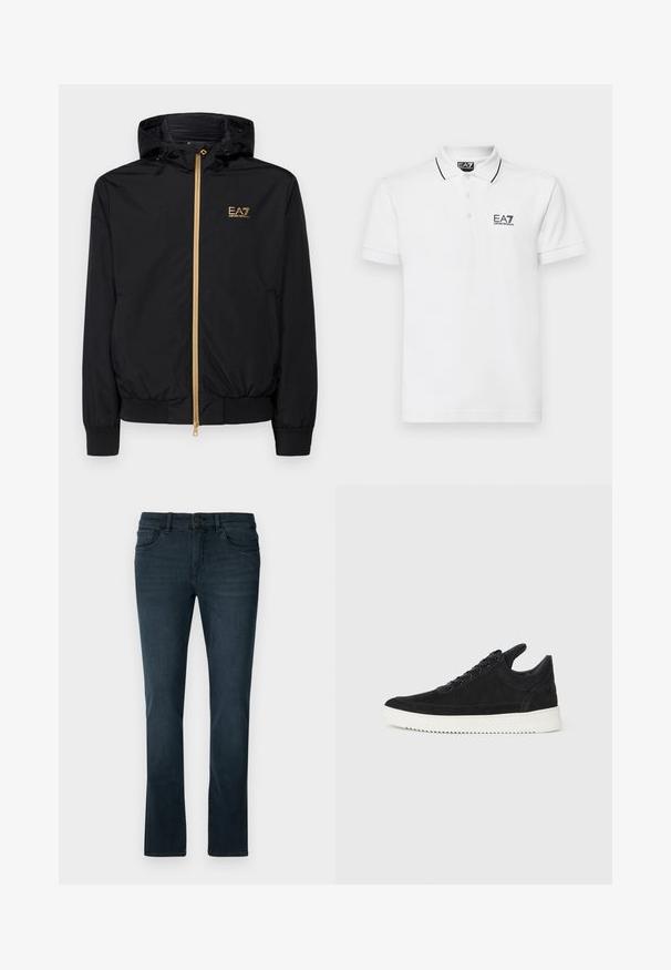 Schwarze Kapuzenjacke aus leichtem Material mit einem goldenen Reißverschluss und Logo-Akzent. Verfügt über elastische Bündchen und eine taillierte Passform.; Weißes Baumwoll-Polohemd mit einer Zwei-Knopf-Leiste, schwarzem Kragen und Streifen an den Ärmeln, mit dem EA7-Logo auf der linken Brust.; Dunkelblaue Jeans mit slim fit, aus Denim gefertigt. Verfügt über einen Knopfverschluss, fünf Taschen und dezente Nähte entlang der Nähte.; Schwarze Wildleder-Sneaker mit einer weißen Gummisohle, die sich durch elegante Nähte und ein schnürbares Design auszeichnen. Glatte Textur mit einer modernen, stromlinienförmigen Form.