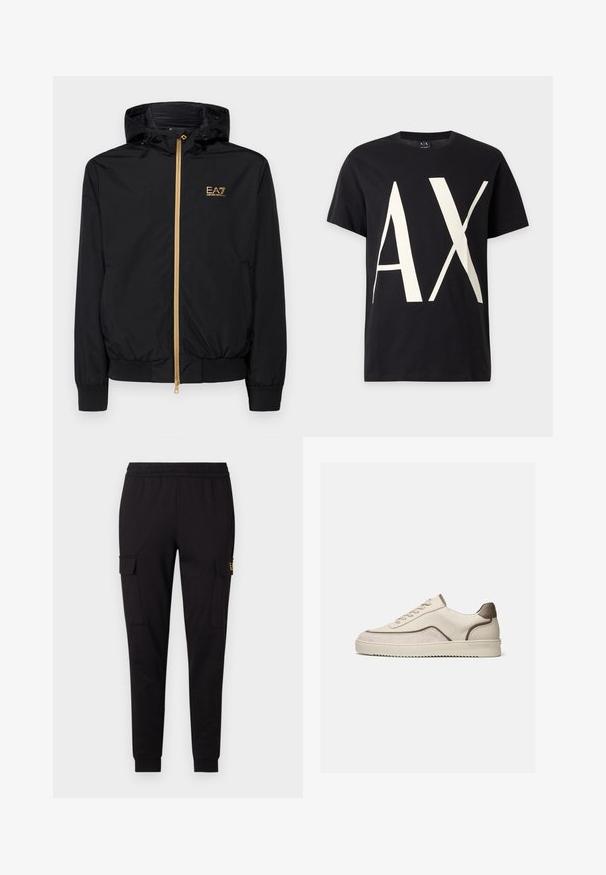 Veste à capuche noire en matériau léger avec une fermeture éclair dorée et un accent de logo. Présente des poignets élastiques et une taille ajustée.; T-shirt noir à manches courtes avec les grandes lettres blanches A et X imprimées sur le devant.; Pantalons de jogging noirs en tissu doux, présentant une coupe fuselée et deux poches cargo latérales avec un logo discret sur une poche.; Baskets basses beiges à lacets, panneaux en suède et cuir, semelle en caoutchouc rainurée sur fond blanc uni.