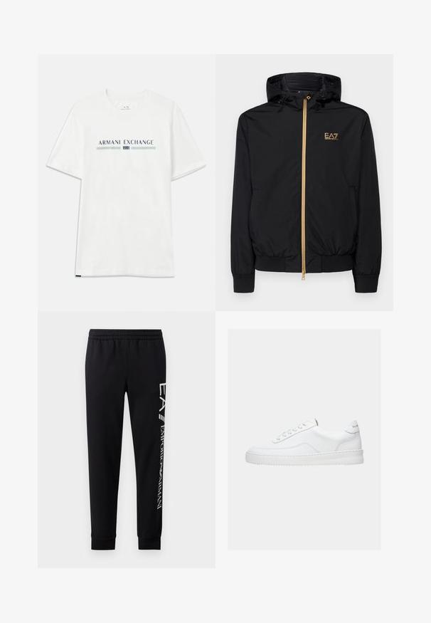 Schwarze Kapuzenjacke aus leichtem Material mit einem goldenen Reißverschluss und Logo-Akzent. Verfügt über elastische Bündchen und eine taillierte Passform.; Weißes Baumwoll-T-Shirt mit kurzen Ärmeln, das ein blaues und grünes "ARMANI EXCHANGE"-Logo zeigt, mit "1991" zentriert darunter.; Schwarze Sweatpants aus Baumwollmischung mit elastischem Taillenbund, schmal zulaufenden Beinen, gerippten Bündchen und weißem Logo-Druck entlang der Seite.; Weißer Sneaker mit niedrigem Schaft, Schnürdesign, glattem Lederobermaterial und dicker Sohle, von der Seite auf einfachem Hintergrund gezeigt.
