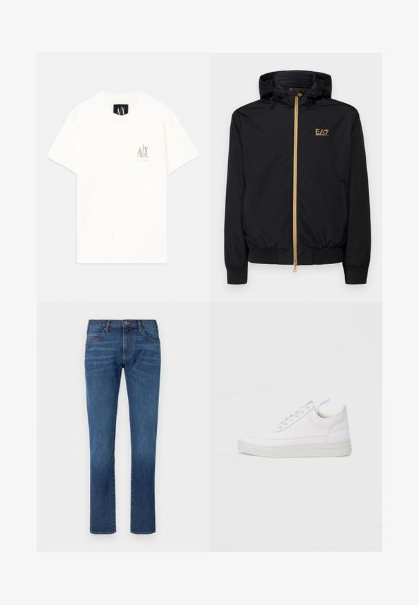 Schwarze Kapuzenjacke aus leichtem Material mit einem goldenen Reißverschluss und Logo-Akzent. Verfügt über elastische Bündchen und eine taillierte Passform.; Weißes T-Shirt aus Baumwolle mit kurzen Ärmeln, das auf der Brust ein kleines, in Beige gesticktes Logo zeigt. Rundhalsausschnitt mit lockerer Passform.; Blaue Jeans aus Denim mit geradem Bein, ausgestattet mit klassischem Fünf-Taschen-Design und Knopfverschluss. Dezentes Ausbleichen über der Stoffstruktur.; Weißer Ledersneaker mit abgerundetem Zehenbereich, flacher Sohle und Schnürverschluss. Verfügt über Nahtdetails und einen gepolsterten Kragen für zusätzlichen Komfort.