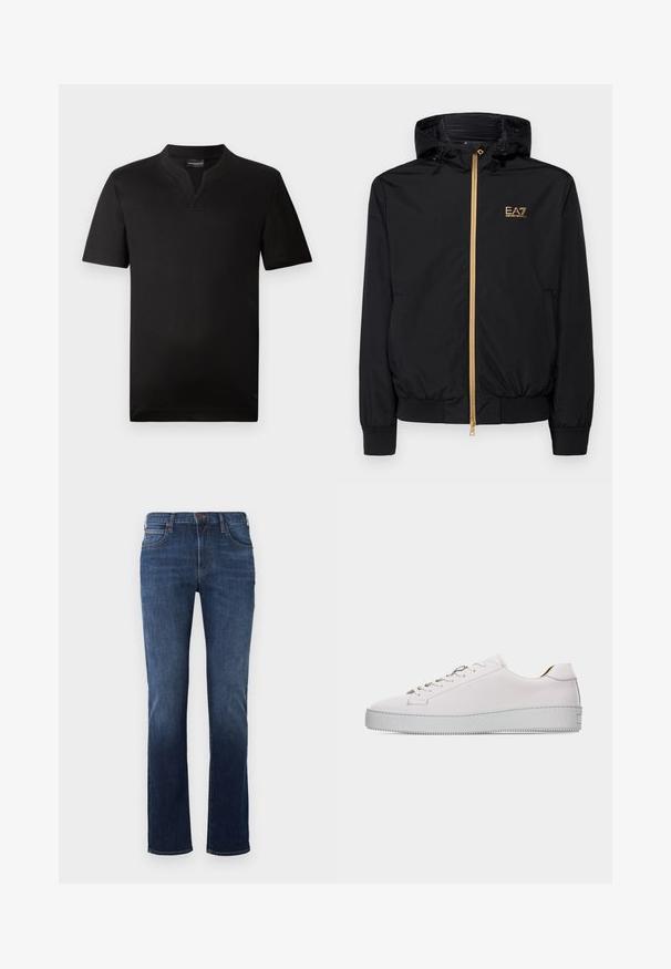 Schwarze Kapuzenjacke aus leichtem Material mit einem goldenen Reißverschluss und Logo-Akzent. Verfügt über elastische Bündchen und eine taillierte Passform.; Schwarzes Kurzarm-T-Shirt aus glattem Stoff mit einem V-Ausschnitt und geradem Saum. Keine sichtbaren Muster oder Akzente.; Dunkelblaue Jeans mit geradem Bein, aus Denim gefertigt. Sie verfügen über ein klassisches Fünf-Taschen-Design, gestickte Nähte und einen Verschluss mit einem Knopf.; Weißer Sneaker aus Leder im Low-Top-Stil mit weißen Schnürsenkeln, flacher strukturierter Gummisohle und minimaler Naht, von der Außenseite auf weißem Hintergrund gezeigt.