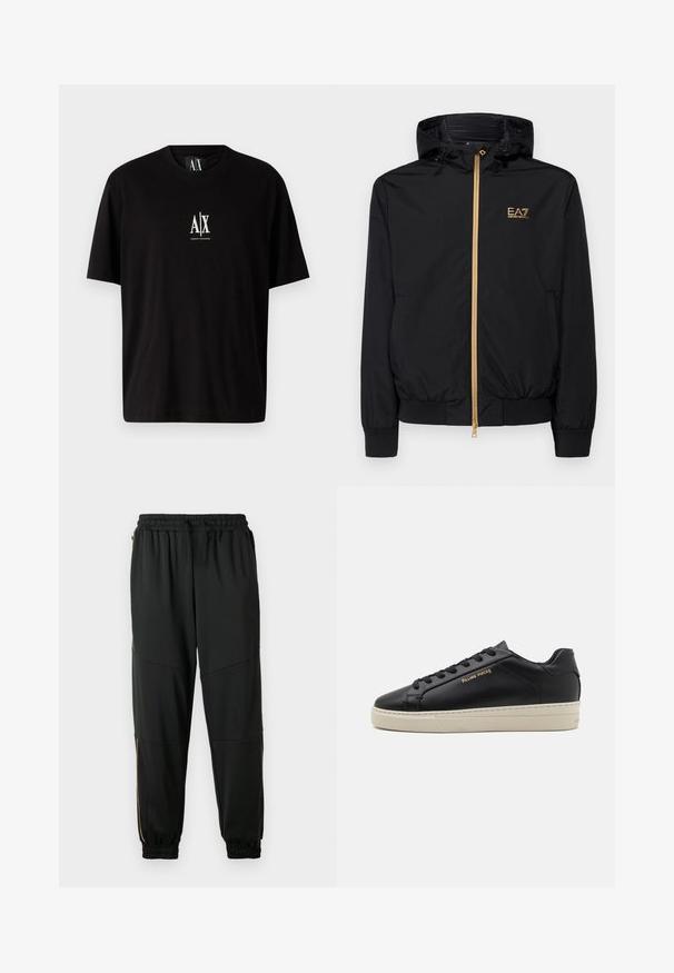 Zwarte hooded jack gemaakt van lichtgewicht materiaal met een gouden rits en logoaccent. Heeft elastische manchetten en een getailleerde taille.; Zwarte katoenen t-shirt met korte mouwen, ronde halslijn en een klein wit logo "A|X" gecentreerd op de borst.; Zwarte sportbroek van rekbaar materiaal, met een elastische tailleband, zijzakken met rits en geknoopte hemden met contrasterende gouden accenten.; Zwarte leren sneaker met een gladde afwerking, contrasterende crèmekleurige zool, ronde neus, gouden logo aan de zijkant en zes gaatjes voor veters.