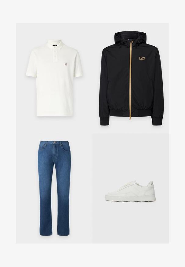 Zwarte hooded jack gemaakt van lichtgewicht materiaal met een gouden rits en logoaccent. Heeft elastische manchetten en een getailleerde taille.; Witte polo met katoen, voorzien van een kraag met twee knopen, korte mouwen en een klein geborduurd logo in bruin op de linkerborst.; Donkerblauwe denim jeans met een recht gesneden ontwerp, vijf zakken en een sluiting met een knoop aan de voorkant. Gladde textuur en klassieke stikdetails.; Witte leren sneaker met een gladde afwerking, ronde neus, platte veters en een gestructureerde zool. Kenmerkt zich door een subtiel logo op de hiel.