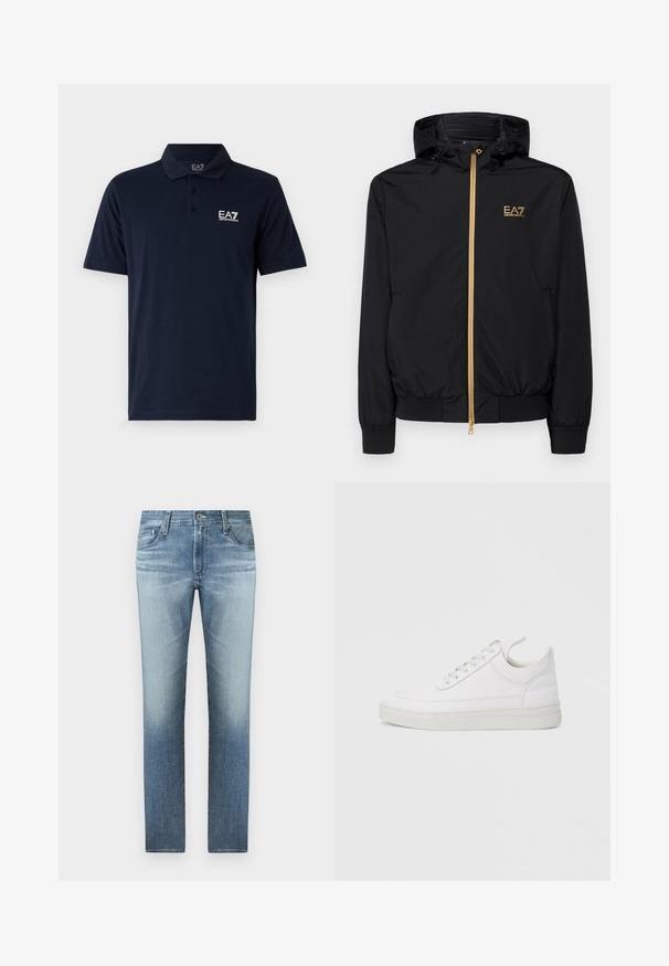 Sort hættetrøje lavet af letvægtsmateriale med en guldlås og logo-detalje. Har elastiske manchetter og en tætsiddende talje.; Mørkeblå polo-shirt lavet af bomuld, med krave, korte ærmer og et hvidt EA7-logo på venstre bryst. Klassisk pasform.; Lyseblå denimjeans med lige ben, der har en falmet vask, fem lommer og en lynlås med metalknaplukning.; Hvid lædersneaker med rundet tå, flad sål og snørebånd foran. Har syningsdetaljer og polstret krave for komfort.