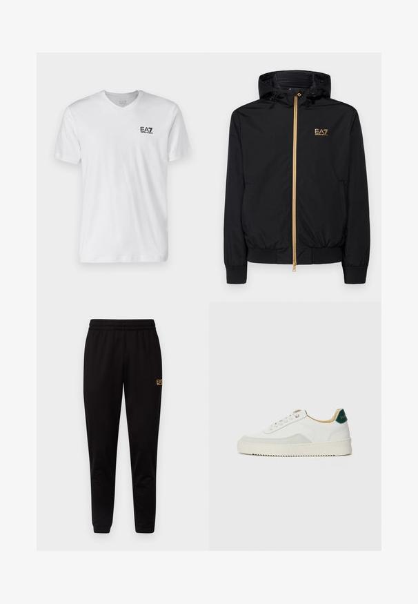 Zwarte hooded jack gemaakt van lichtgewicht materiaal met een gouden rits en logoaccent. Heeft elastische manchetten en een getailleerde taille.; Witte katoen t-shirt met v-hals, korte mouwen, voorzien van een zwart EA7-logo op de linkerborst. Gladde textuur, eenvoudig ontwerp.; Zwarte sweatpants met een elastische tailleband, aangesloten boorden en een klein geel logo op het bovenste deel van het linkerdij. Zachte, gladde stofstructuur.; Witte sneaker met suède accenten, ronde neus, platte veters en een crème rubberen zool. Bevat groene branding op de hiel.