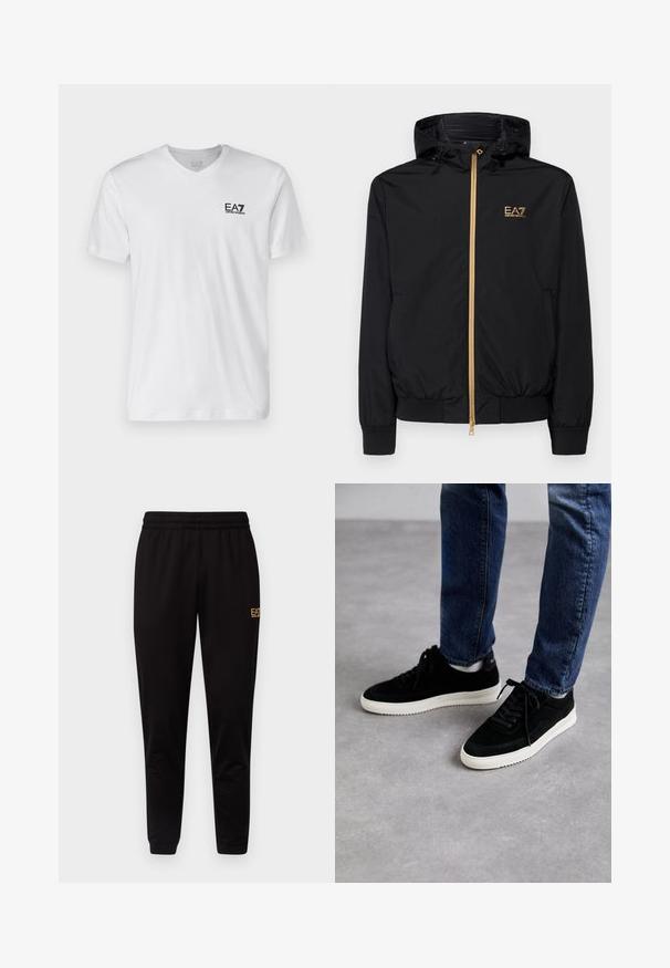 Schwarze Kapuzenjacke aus leichtem Material mit einem goldenen Reißverschluss und Logo-Akzent. Verfügt über elastische Bündchen und eine taillierte Passform.; Weißes Baumwoll-T-Shirt mit V-Ausschnitt und kurzen Ärmeln, ausgestattet mit einem schwarzen EA7-Logo auf der linken Brust. Glatte Textur, schlichtes Design.; Schwarze Jogginghose mit einem elastischen Bund, taillierten Bündchen und einem kleinen gelben Logo am oberen linken Bein. Weicher, glatter Stoff.; Schwarze Wildledersneaker mit einer weißen Gummisohle, die ein klassisches Low-Top-Design, eine abgerundete Spitze und flache schwarze Schnürsenkel aufweisen.