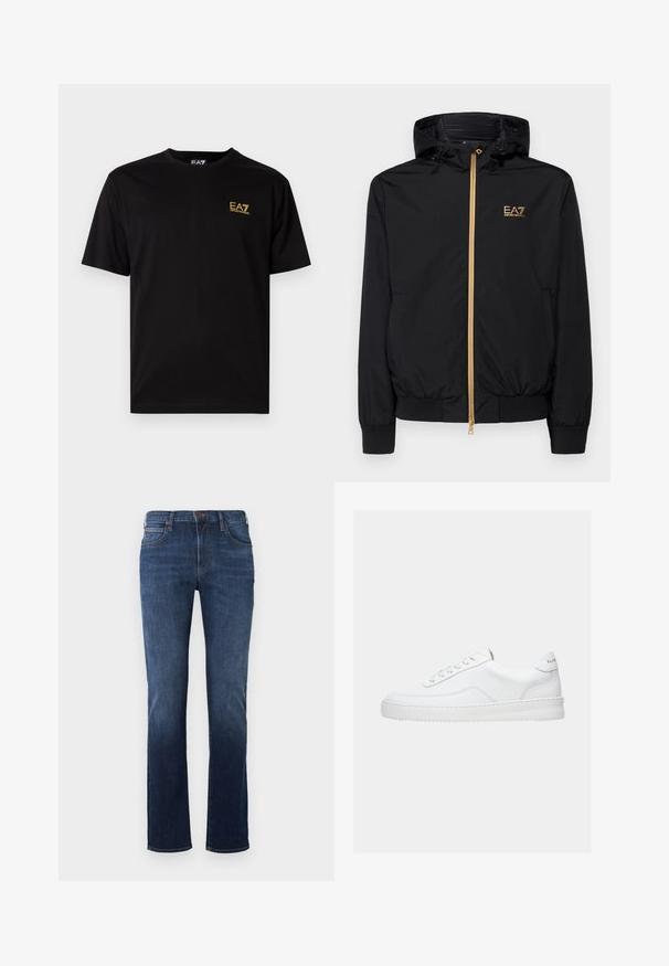 Veste à capuche noire en matériau léger avec une fermeture éclair dorée et un accent de logo. Présente des poignets élastiques et une taille ajustée.; T-shirt en coton noir à manches courtes, avec un petit logo brodé jaune sur le côté gauche de la poitrine. Design classique à col rond.; Jean bleu foncé avec une coupe droite, en denim. Comprend un design classique à cinq poches, des coutures surpiquées et une fermeture à un bouton.; Baskets basses blanches avec un design à lacets, dessus en cuir lisse et semelle épaisse, montrées de profil sur un fond uni.