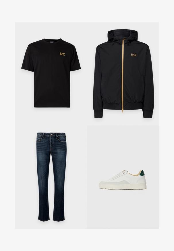 Schwarze Kapuzenjacke aus leichtem Material mit einem goldenen Reißverschluss und Logo-Akzent. Verfügt über elastische Bündchen und eine taillierte Passform.; Schwarzes Baumwoll-T-Shirt mit kurzen Ärmeln, ausgestattet mit einem kleinen gelben gestickten Logo im linken Brustbereich. Klassisches Crew-Hals-Design.; Dunkelblaue Jeans aus Denim mit geradem Bein, fünf Taschenstil, sichtbaren Nähten sowie einem Knopf- und Reißverschluss.; Weiße Sneaker mit Wildlederelementen, runder Zehenpartie, flachen Schnürsenkeln und einer cremefarbenen Gummisohle. Mit grünen Markenlogo am Fersenbereich.