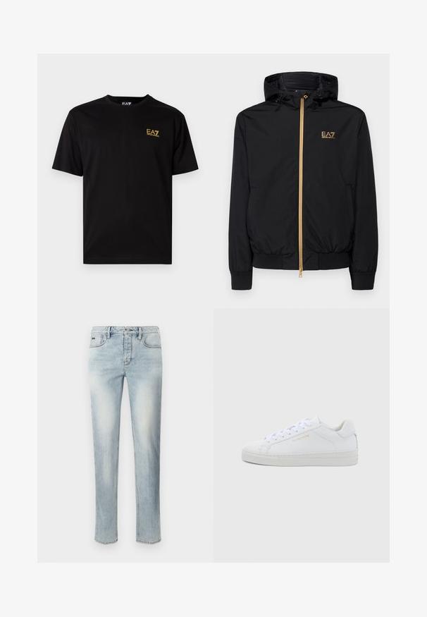 Zwarte hooded jack gemaakt van lichtgewicht materiaal met een gouden rits en logoaccent. Heeft elastische manchetten en een getailleerde taille.; Zwarte katoenen t-shirt met korte mouwen, met een klein geel geborduurd logo op de linker borst. Klassiek crewneck ontwerp.; Lichtblauwe rechte jeans met vervaagde voorkant, vijf zakken, knoopsluiting en riemlussen op een witte achtergrond.; Witte leren lage sneakers met een ronde neus, platte veters, een gestructureerde zool en subtiele gouden branding aan de zijkant. Gladde oppervlakte en minimalistisch ontwerp.