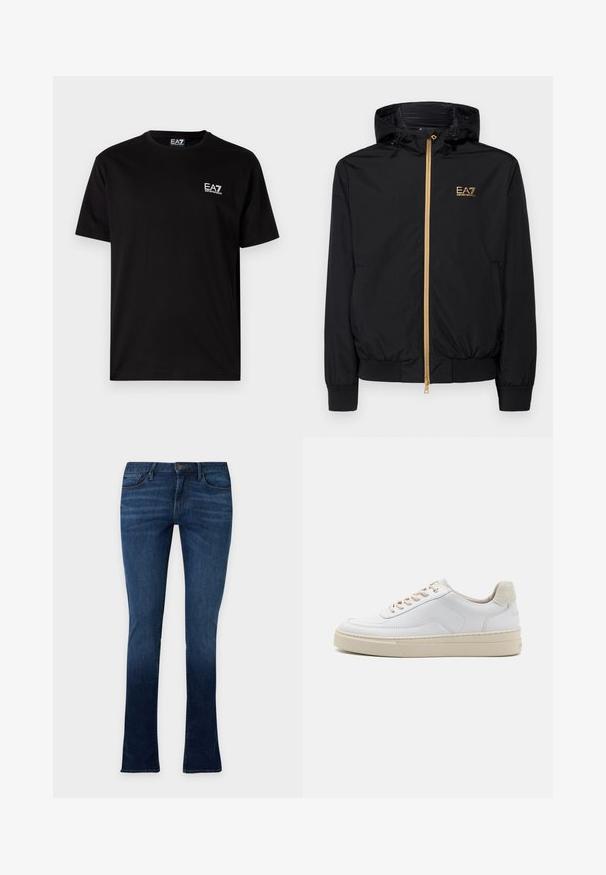Chaqueta negra con capucha hecha de material ligero, con un cierre dorado y un acento de logo. Cuenta con puños elásticos y una cintura ajustada.; Camiseta de algodón negra con mangas cortas, cuello redondo y pequeño logo blanco de EA7 en el lado izquierdo del pecho. Textura suave, ajuste regular.; Vaqueros azul oscuro de corte ajustado con ligero desgaste, cinco bolsillos, cierre de botones y trabillas para el cinturón, mostrados sobre un fondo claro y liso.; Zapatilla blanca con parte superior de cuero suave, cordones beige y un tirador de talón de ante beige texturizado. Suela elevada para mayor altura.