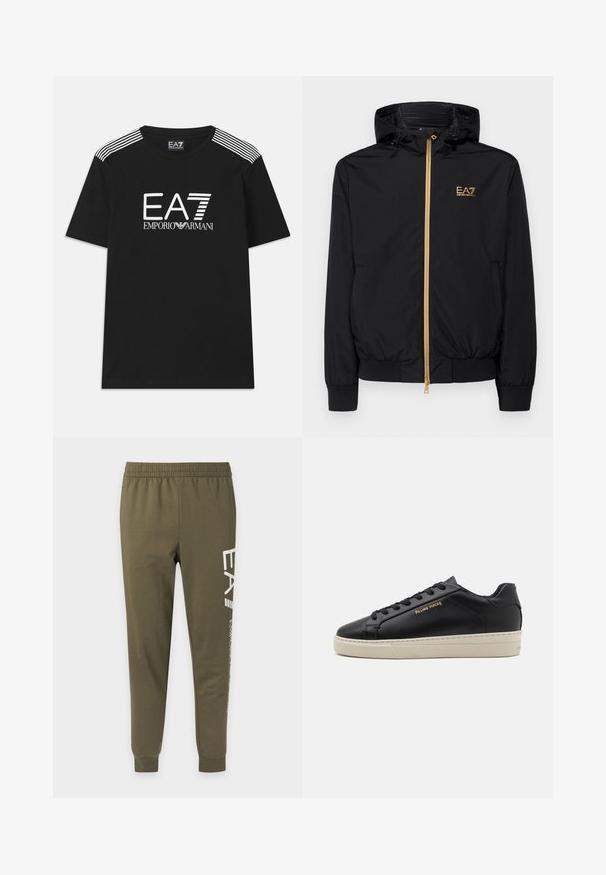 Chaqueta negra con capucha hecha de material ligero, con un cierre dorado y un acento de logo. Cuenta con puños elásticos y una cintura ajustada.; Camiseta negra de algodón con un logo blanco de EA7 y el texto 'Emporio Armani'. Tres rayas blancas en los hombros realzan el diseño.; Pantalones jogger verde oliva con cintura y puños elásticos, con texto vertical blanco en la pierna derecha.; Zapatilla de cuero negra con un acabado suave, suela crema en contraste, puntera redonda, logo dorado en el lateral y seis ojales para los cordones.