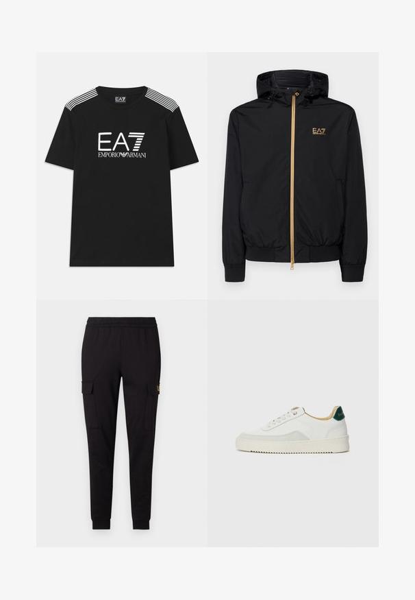 Chaqueta negra con capucha hecha de material ligero, con un cierre dorado y un acento de logo. Cuenta con puños elásticos y una cintura ajustada.; Camiseta negra de algodón con un logo blanco de EA7 y el texto 'Emporio Armani'. Tres rayas blancas en los hombros realzan el diseño.; Pantalones de chándal negros hechos de tela suave, que presentan un diseño de pernera ajustada y dos bolsillos laterales tipo cargo con un logotipo sutil en uno de los bolsillos.; Zapatilla blanca con acentos de ante, puntera redondeada, cordones planos y suela de goma color crema. Presenta un logo verde en el talón.