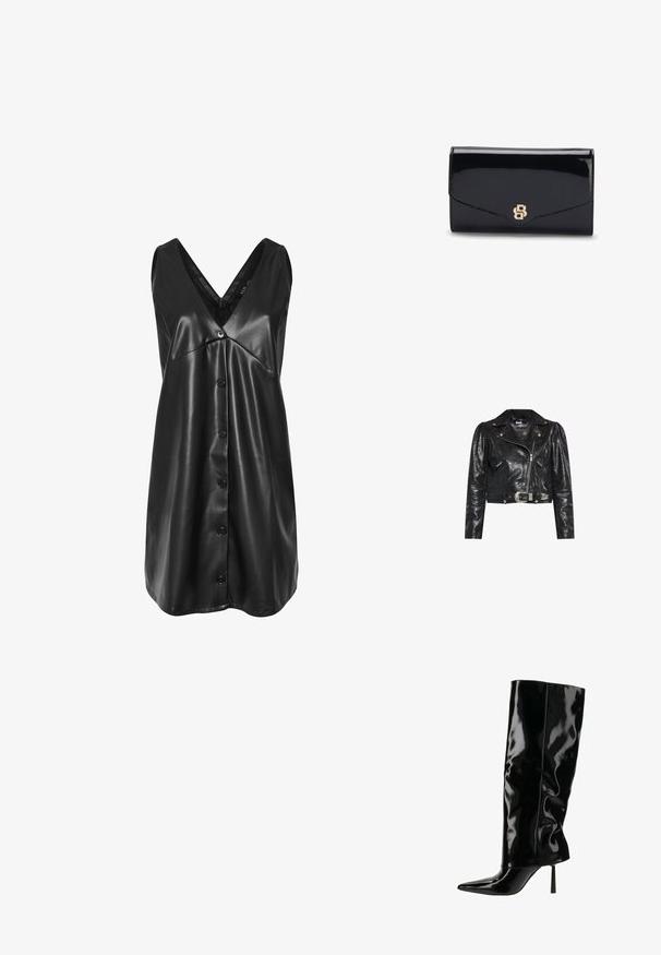 Chaqueta de cuero negro para motocicleta con acabado brillante, cierre de cremallera, herrajes plateados y hombros estructurados. Cuenta con una cintura con cinturón y bolsillos con cremallera.; Vestido negro sin mangas de cuero sintético con escote en V, botonadura en la parte frontal y dobladillo ligeramente acampanado.; Bota de tacón stiletto negra brillante hasta la rodilla con punta afilada y eje ligeramente caído sobre fondo blanco.; Bolso de mano clutch de cuero negro brillante con un logo entrelazado de la letra B en tono dorado en la solapa delantera, mostrado cerrado sobre un fondo blanco.