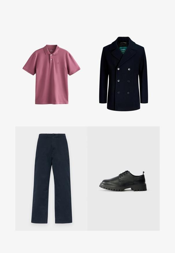 Marineblåt dobbeltradet frakke lavet af uld, med store sorte knapper og skarp krave. Glat tekstur, skræddersyet snit.; Polo shirt i afdæmpet mauve, lavet af let bomuld. Har klassisk krave, tre knapper, korte ærmer og et lille broderet logo.; Marineblå bomuldsbukser med lige ben design, med frontknaplukning og bæltestropper. Enkel, ensfarvet struktur uden mønstre.; Sorte læder snøresko med rund tå, tekstureret overflade og kraftig gummisål med dybe riller for bedre greb.