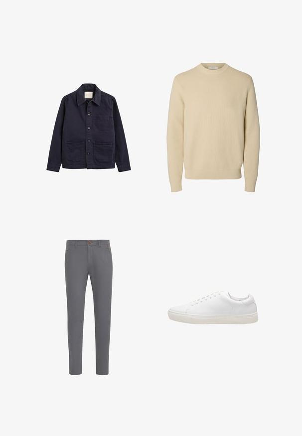 Dunkelblaue Hemdjacke mit drei Vorderaschen und klassischem Kragen, aus robustem Stoff, auf weißem Hintergrund dargestellt.; Schlichter beiger Rundhals-Strickpullover mit langen Ärmeln und gerippten Bündchen und Saum.; Graue Baumwollhosen mit einer taillierten Passform, ausgestattet mit einem Knopfverschluss, normalen Taschen und einer glatten Textur.; Weiße Leder-Sneaker mit glatter Textur, runder Zehenpartie, Schnürverschluss und flacher Gummisohle. Minimalistisches Design ohne sichtbare Muster.