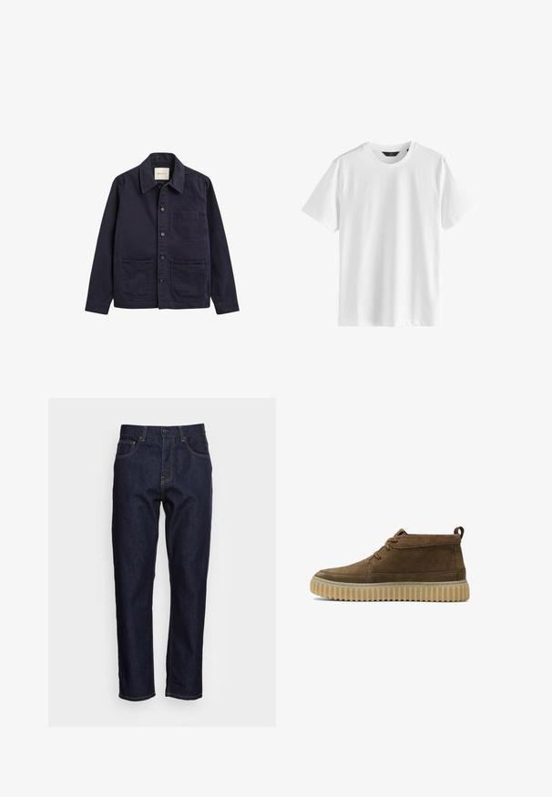 Donkerblauwe jas met knopen, drie voorzakken en een klassieke kraag, gemaakt van stevig stof, getoond op een effen witte achtergrond.; Effen wit T-shirt met korte mouwen en een ronde hals van gladde stof met een zwart label bij de kraag.; Donkerblauwe spijkerbroeken met een rechte snit, vijf zakken en contrasterende gele stiksels. Ontworpen met een klassieke knoop- en ritssluiting.; Bruine suède enkellaarzen met een ronde neus, minimale stiksels en een gestructureerde, dikke rubberen zool. Voorzien van een vetersluiting en een hieltab.