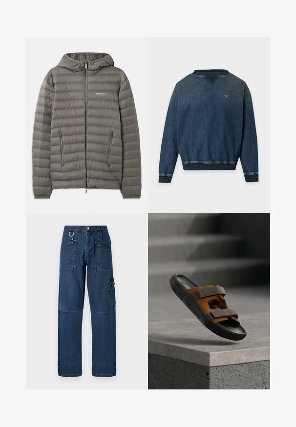 Graue Pufferjacke mit Kapuze, aus gestepptem Material. Verfügt über zwei seitliche Reißverschlusstaschen und einen Reißverschluss vorne.; Dunkelblaue Denim-Langarm-Sweatshirt mit gerippten Bündchen, Saum, Kragen und kleinem gesticktem Logo auf der linken Brust.; Dunkelblaue Denim-Cargo-Hosen mit geradem Schnitt, ausgestattet mit mehreren Taschen, metallischen Beschlägen und Kontrastnähten.; Braune und graue Sandale mit Gummisohle, verfügt über zwei verstellbare Riemen und Aussparungen für Atmungsaktivität. Strukturierte schwarze Sohle für besseren Halt.