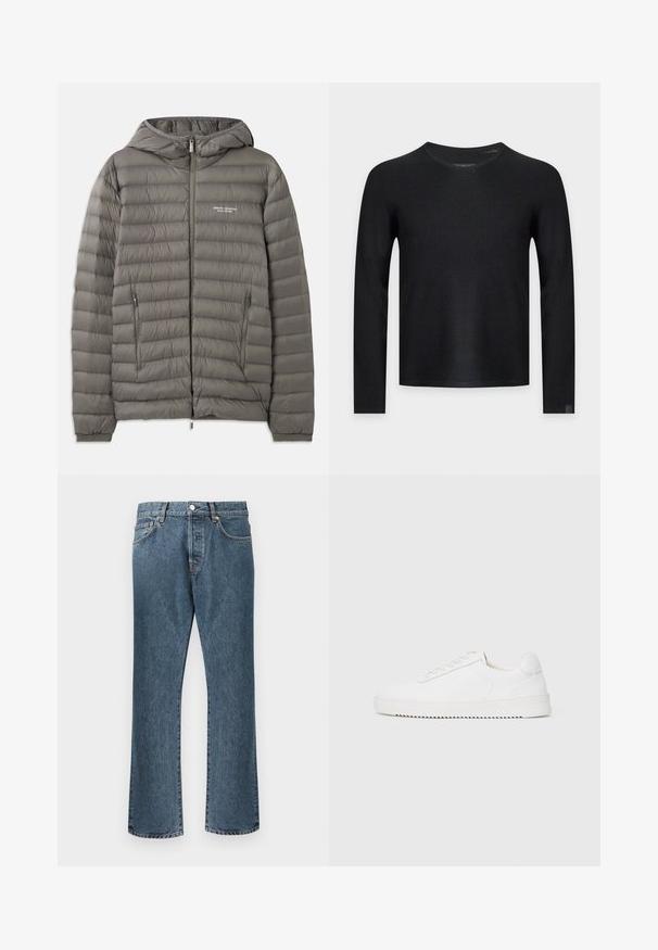 Graue Pufferjacke mit Kapuze, aus gestepptem Material. Verfügt über zwei seitliche Reißverschlusstaschen und einen Reißverschluss vorne.; Schwarzer Langarm-Pullover mit Rundhalsausschnitt und feiner Strickstruktur, dargestellt auf einem schlichten hellgrauen Hintergrund.; Blaue Denim-Jeans mit geradem Bein, ausgestattet mit einem klassischen Knopf- und Reißverschluss, fünf Taschen und dezenten Ausbleichungen.; Weißer Sneaker mit einem Obermaterial aus glattem Leder, abgerundetem Zehenbereich, Schnürsenkeln, strukturierten seitlichen Akzenten und einer dicken Gummisohle. Minimalistisches Design.