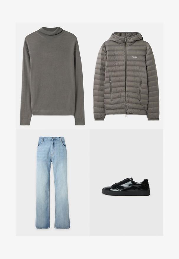 Grå pufferjakke med hætte, lavet af quiltet materiale. Har to lynlåslommer på siden og en lynlås foran.; Grå turtleneck sweater lavet af blødt, let stof. Har lange ærmer og en ribbet halsudskæring med en glat overflade hele vejen igennem.; Lyseblå straight-leg denimjeans med forreste knap- og lynlåslukning, forlommer og bæltestropper, vist mod en ensfarvet baggrund.; Sorte laklæder sneakers med rund tå, snørredesign, tekstureret gummisål og en glat overflade.