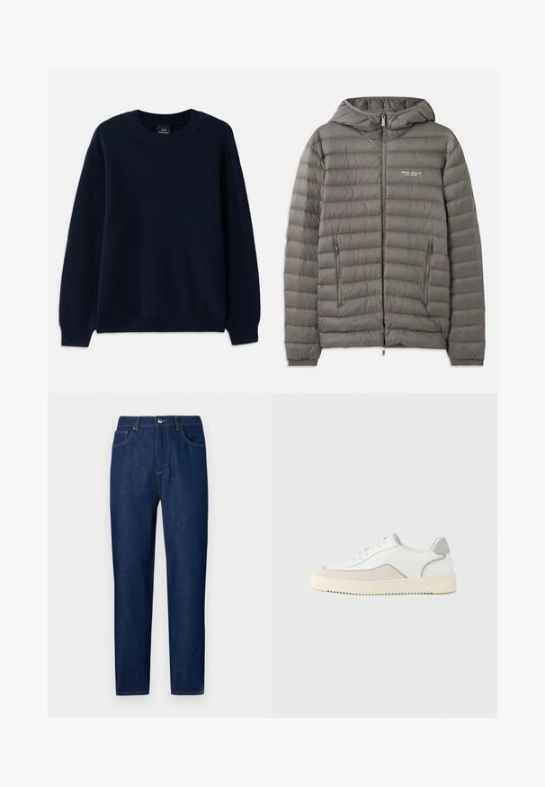 Chaqueta de plumas gris con capucha, hecha de material acolchado. Presenta dos bolsillos laterales con cremallera y un cierre frontal con cremallera.; Suéter de canalé azul marino con cuello redondo y mangas largas. Presenta un patrón texturizado en toda la tela.; Les Benjamins Vaqueros rectos - rinse wash; Zapatillas deportivas blancas con parte superior de cuero liso, detalles en gamuza gris, costuras tono sobre tono y suela de goma texturizada color crema. Diseño minimalista.