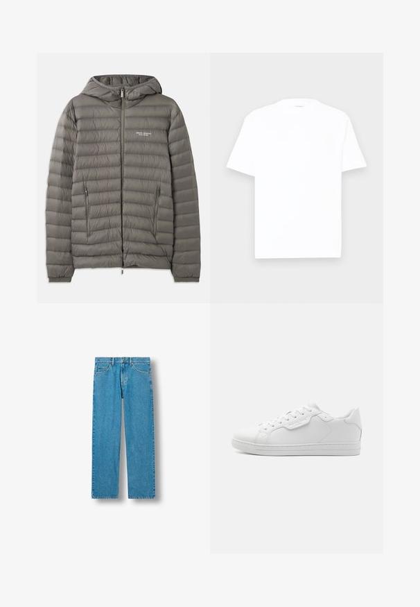 Grijze gewatteerde jas met een capuchon, gemaakt van doorgestikt materiaal. Beschikt over twee zijzakken met rits en een voorrits sluiting.; Witte katoenen t-shirt met een ronde hals, korte mouwen en een relaxte pasvorm. Gladde textuur, minimale details en geen patronen of graphics.; Blauwe rechte spijkerbroek met knoop- en ritssluiting aan de voorkant, riemlussen en voor- en achterzakken.; Witte leren sneaker met een ronde neus, zes oogjes, platte veters en een minimalistisch ontwerp. Bevat een klein logo aan de zijkant.