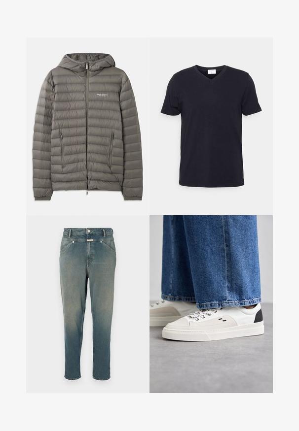 Grå pufferjakke med hætte, lavet af quiltet materiale. Har to lynlåslommer på siden og en lynlås foran.; Sort v-hals t-shirt lavet af bomuld, med korte ærmer og en afslappet pasform. Enkel design, uden mønstre eller yderligere accenter.; Denim jeans i falmet blå, lige fit med høj talje. Har bæltestropper, fem lommer og metalknaplukning. Let slidte detaljer.; Hvide og sorte sneakers med en glat læderoverdel, teksturerede detaljer og en kraftig hvid sål. Har et klassisk snørebåndsdesign.
