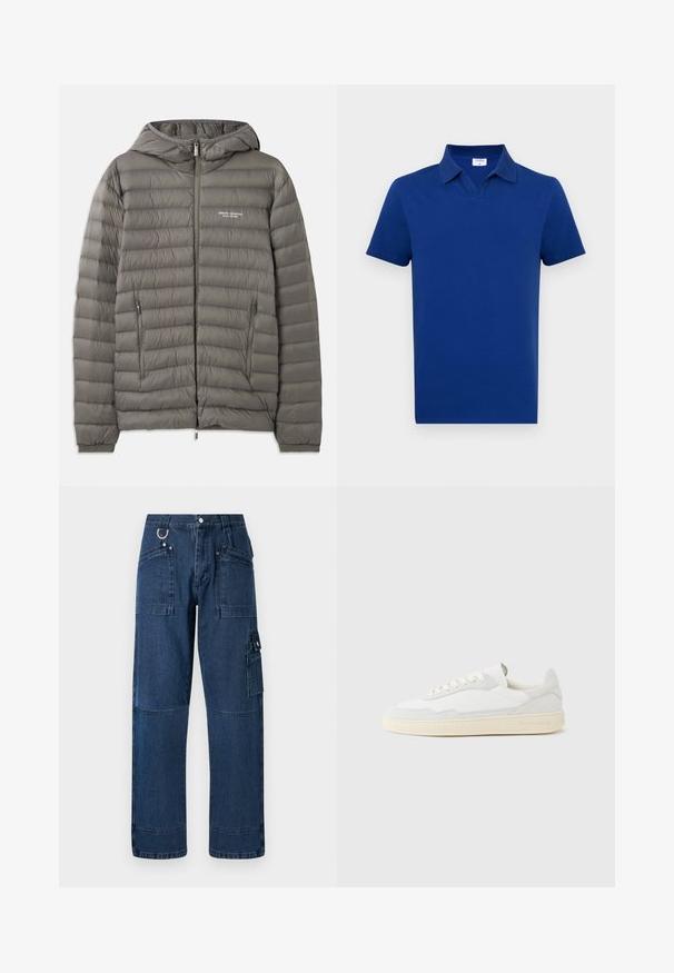 Grijze gewatteerde jas met een capuchon, gemaakt van doorgestikt materiaal. Beschikt over twee zijzakken met rits en een voorrits sluiting.; Marineblauwe polo met korte mouwen, gemaakt van zachte katoen, met een klassieke kraag en een V-halsontwerp.; Donkerblauwe denim cargo broek met een rechte snit, voorzien van meerdere zakken, metalen hardware en contrasterende stiksels.; Witte sneaker met een bovenwerk van gestructureerd suède en leer. Voorzien van een afgeronde neus, vetersluiting en een contrasterende beige rubberen zool.
