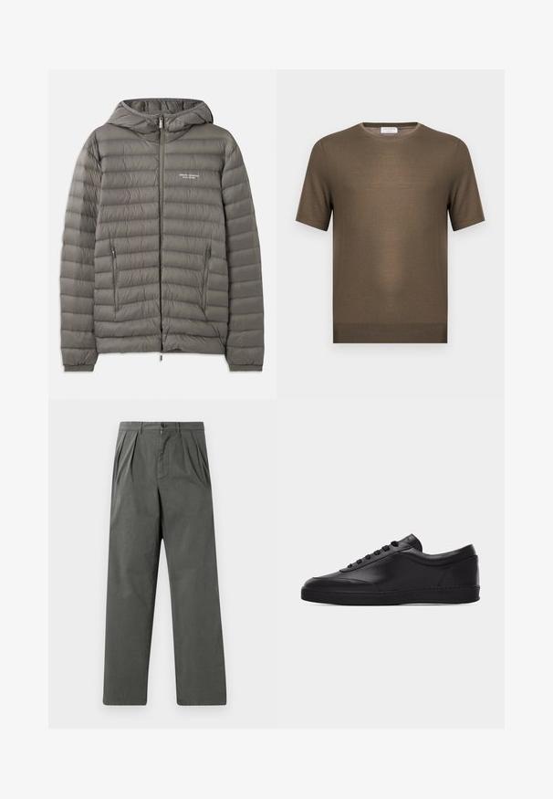 Veste en duvet grise avec capuche, fabriquée en matière matelassée. Elle possède deux poches latérales zippées et une fermeture à glissière à l'avant.; Pull en maille vert olive à manches courtes avec encolure ronde et ourlet côtelé, présenté sur fond blanc uni.; Pantalons légers plissés en coton gris foncé avec une coupe droite. Comprend une fermeture à bouton à l'avant et des passants de ceinture.; Baskets basses en cuir noir avec lacets sur le devant et semelle en caoutchouc plate, vues de côté sur un fond blanc uni.